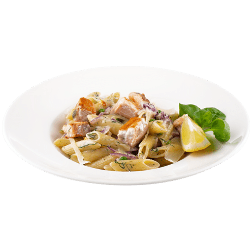 Makaron penne z łososiem w sosie cytrynowo koperkowym