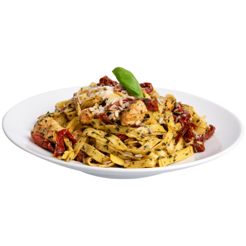 Makaron tagliatelle z kurczakiem suszonymi pomidorami i pesto