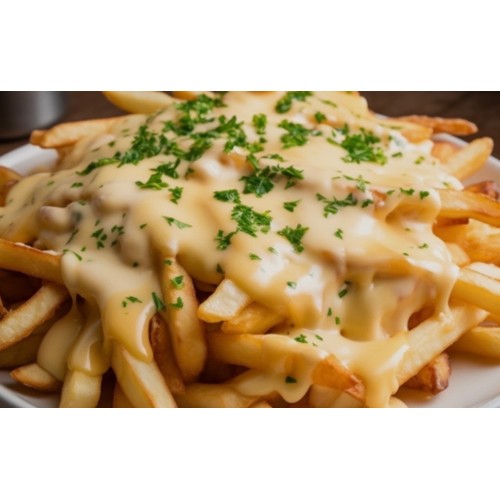 FRYTKI DUŻE ZAPIEKANE Z SEREM I SOSEM CZOSNKOWYM