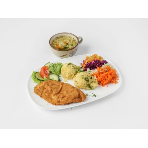 Kotlet z piersi kurczaka, ziemniaki, surowki, mały rosol