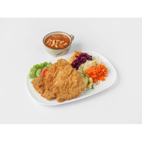 Schabowy, ziemniaki, surówki, mała pomidorowa- ZESTAW 2