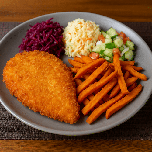 Kotlet z piersi kurczaka panko,frytki z batatów,zestaw surówek.