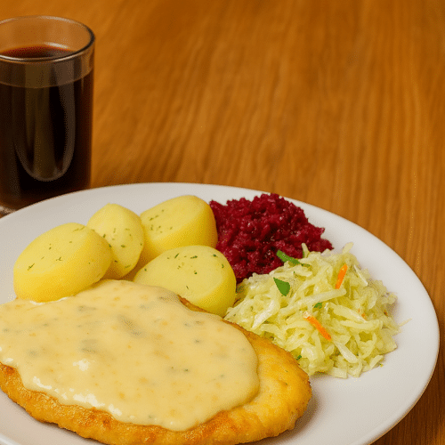 Pierś w sosie serowym, ziemniaki, surówka