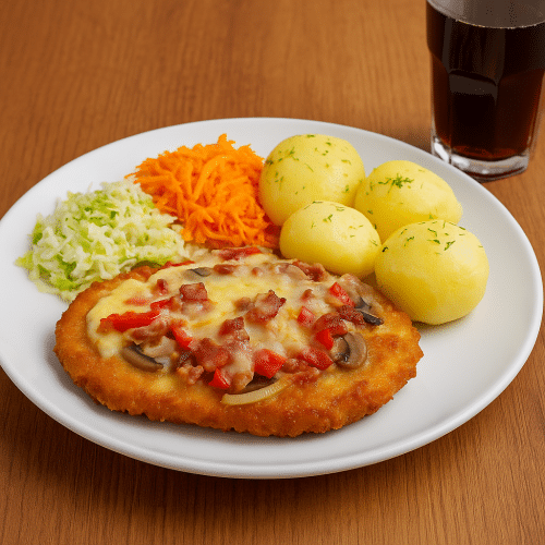 Schabowy po góralsku, ziemniaki , surówka