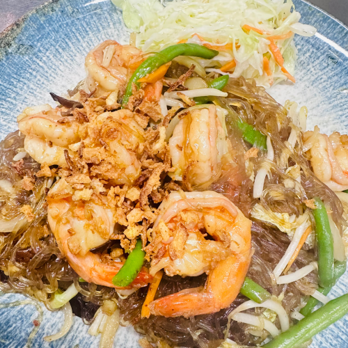 Makaron sojowy z krewetkami