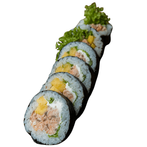 Futomaki (6 szt.) Łosoś pieczony, serek, mango, sos teriyaki, mi