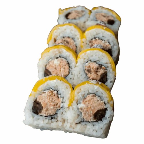 Gold łosoś pieczony i mango, sos malinowy, wiórki kokosa