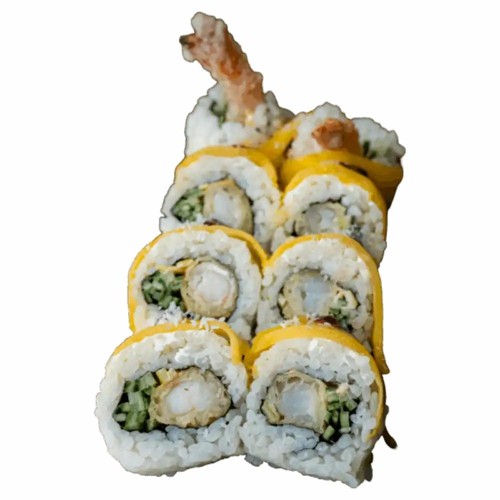 Gold krewetka w tempurze i mango, sos malinowy, wiórki kokosa