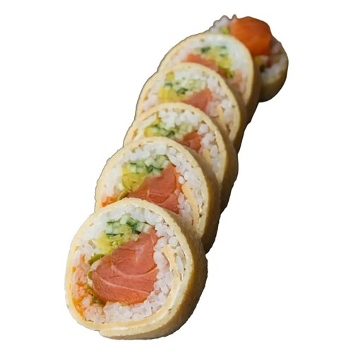 Tamago łosoś, sriracha, por