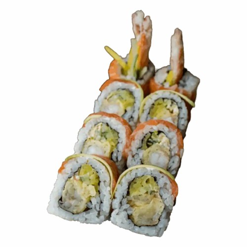 Gold krewetka w tempurze i łosoś, awokado